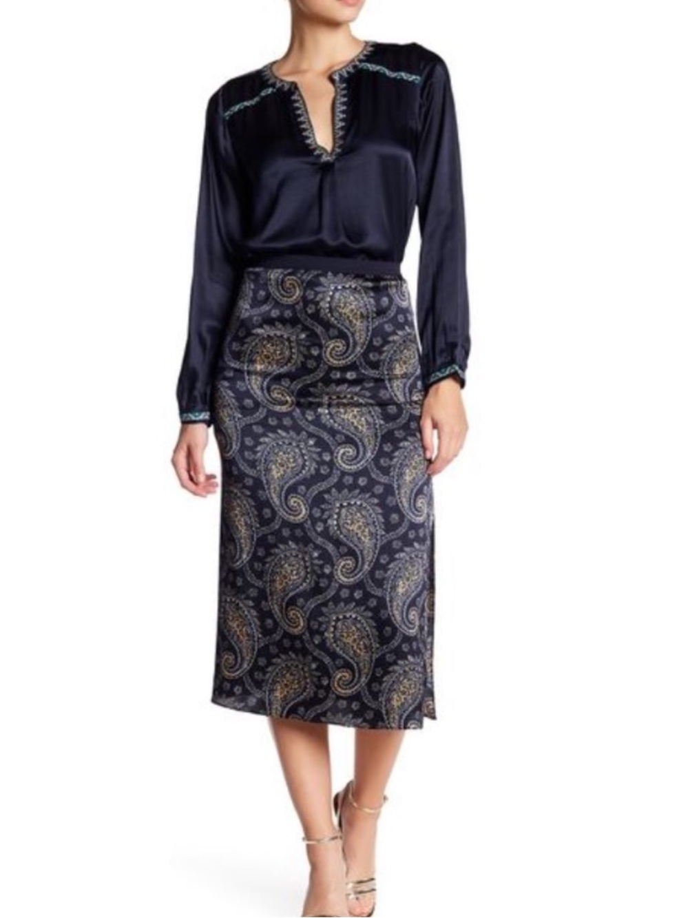 Calypso St. Barth Nassia Silk Blend Navy Paisley Midi Pencil Skirt M